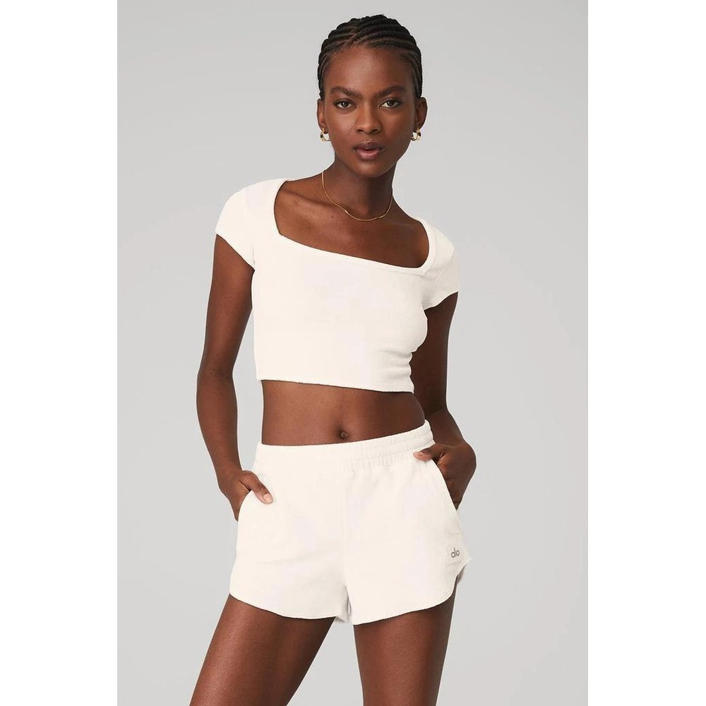 Alo Yoga Women's Cream Terry Beachside Short Sleeve Crop Top Size Small